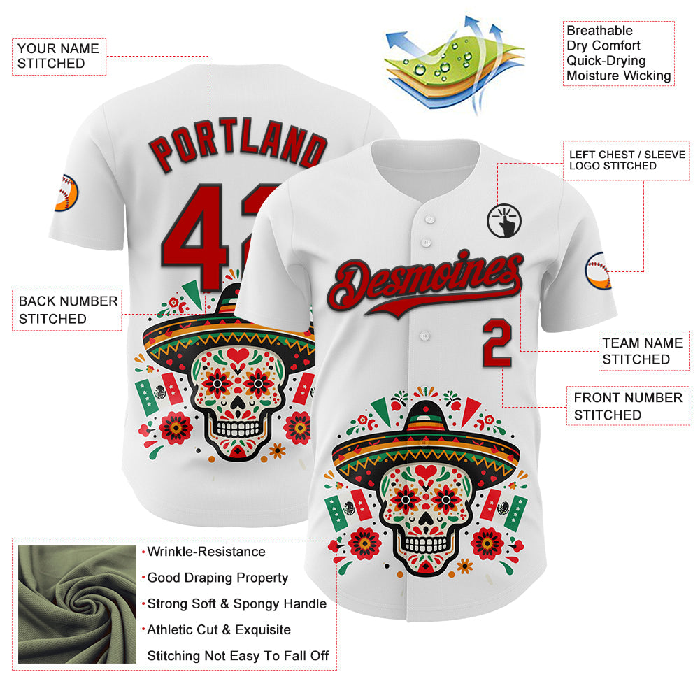 Custom White Red-Black 3D Mexican Festival Flag Skull With Sombrero Cinco de Mayo Authentic Baseball Jersey baseball jersey product view 3