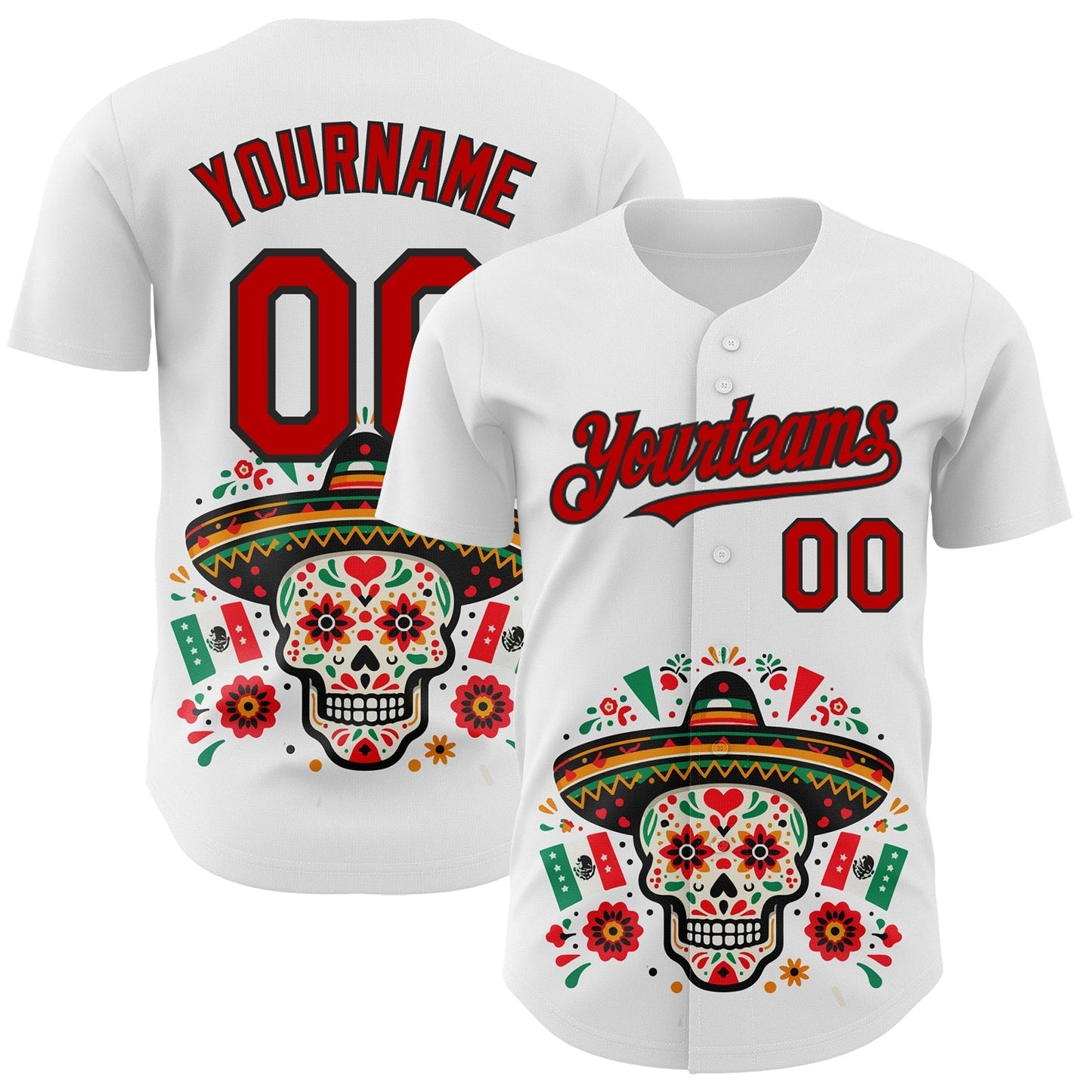 Custom White Red-Black 3D Mexican Festival Flag Skull With Sombrero Cinco de Mayo Authentic Baseball Jersey baseball jersey product view 1