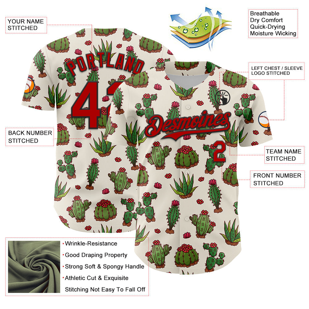 Custom Cream Red-Black 3D Mexican Cactus Authentic Baseball Jersey baseball jersey product view 3