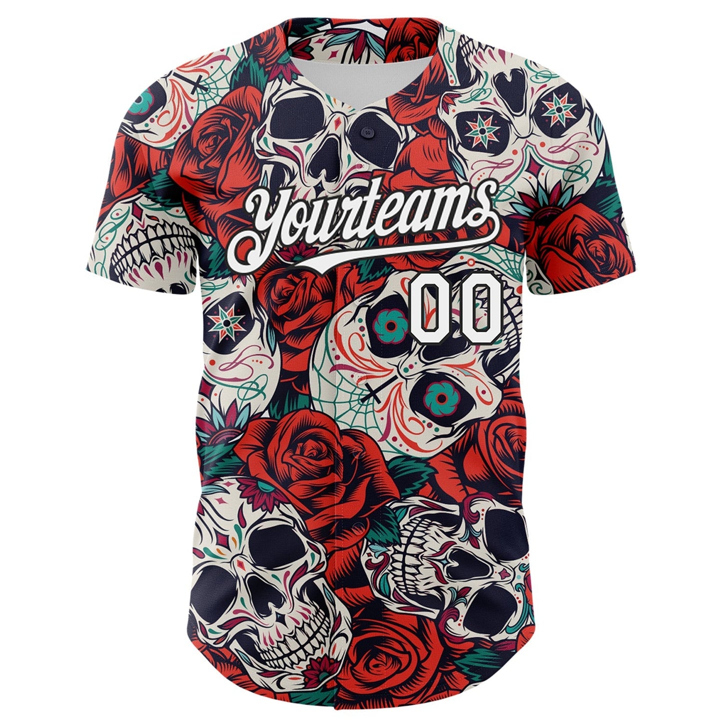 Custom White Black 3D Mexican Skull And Flower Authentic Baseball Jersey baseball jersey product view 2