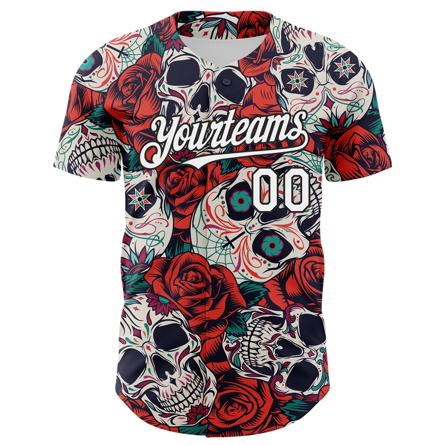 Custom White Black 3D Mexican Skull And Flower Authentic Baseball Jersey baseball jersey product view 2