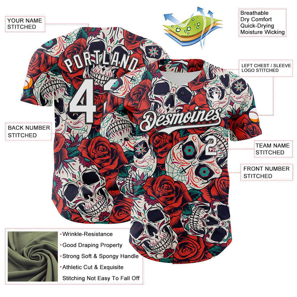 Custom White Black 3D Mexican Skull And Flower Authentic Baseball Jersey baseball jersey product view 3