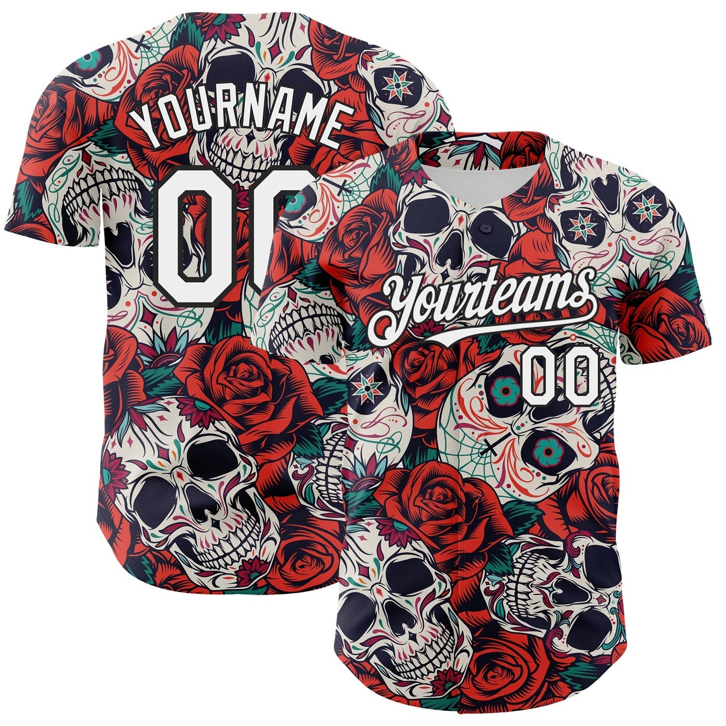 Custom White Black 3D Mexican Skull And Flower Authentic Baseball Jersey baseball jersey product view 1