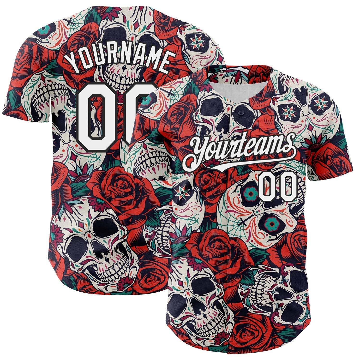 Custom White Black 3D Mexican Skull And Flower Authentic Baseball Jersey baseball jersey product view 1