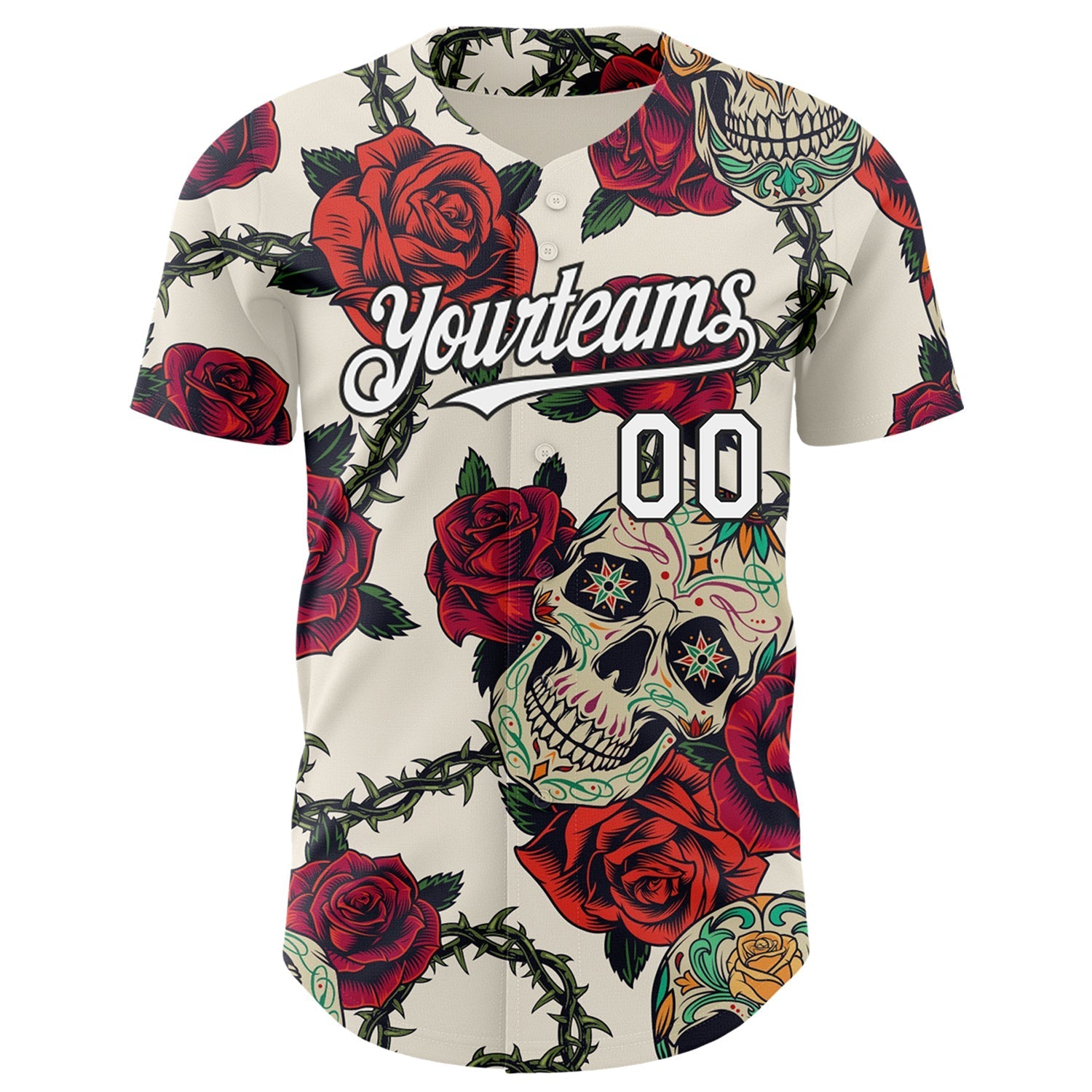 Custom Cream White-Black 3D Mexican Skull And Flower Authentic Baseball Jersey baseball jersey product view 2