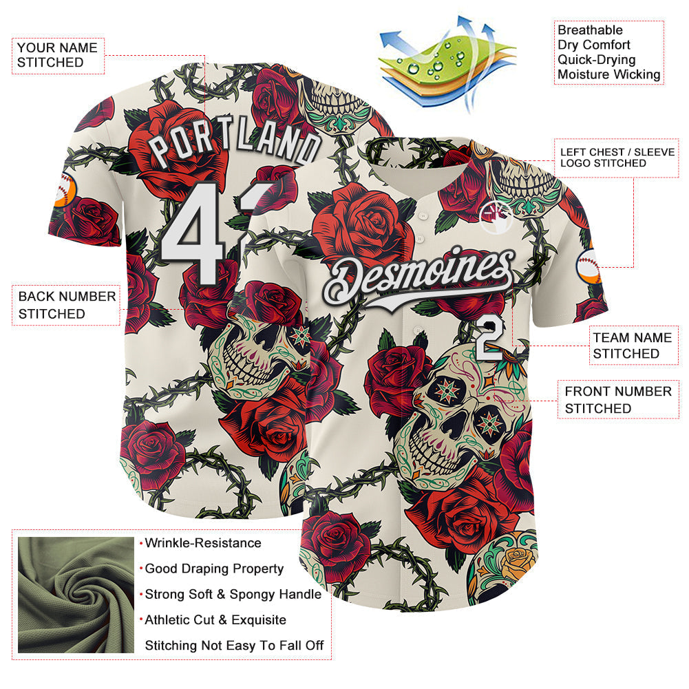 Custom Cream White-Black 3D Mexican Skull And Flower Authentic Baseball Jersey baseball jersey product view 3
