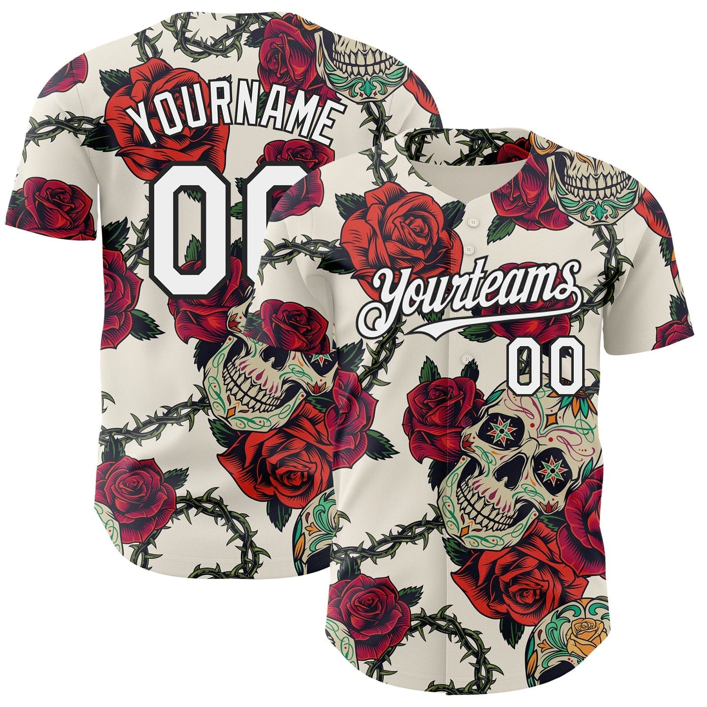 Custom Cream White-Black 3D Mexican Skull And Flower Authentic Baseball Jersey baseball jersey product view 1