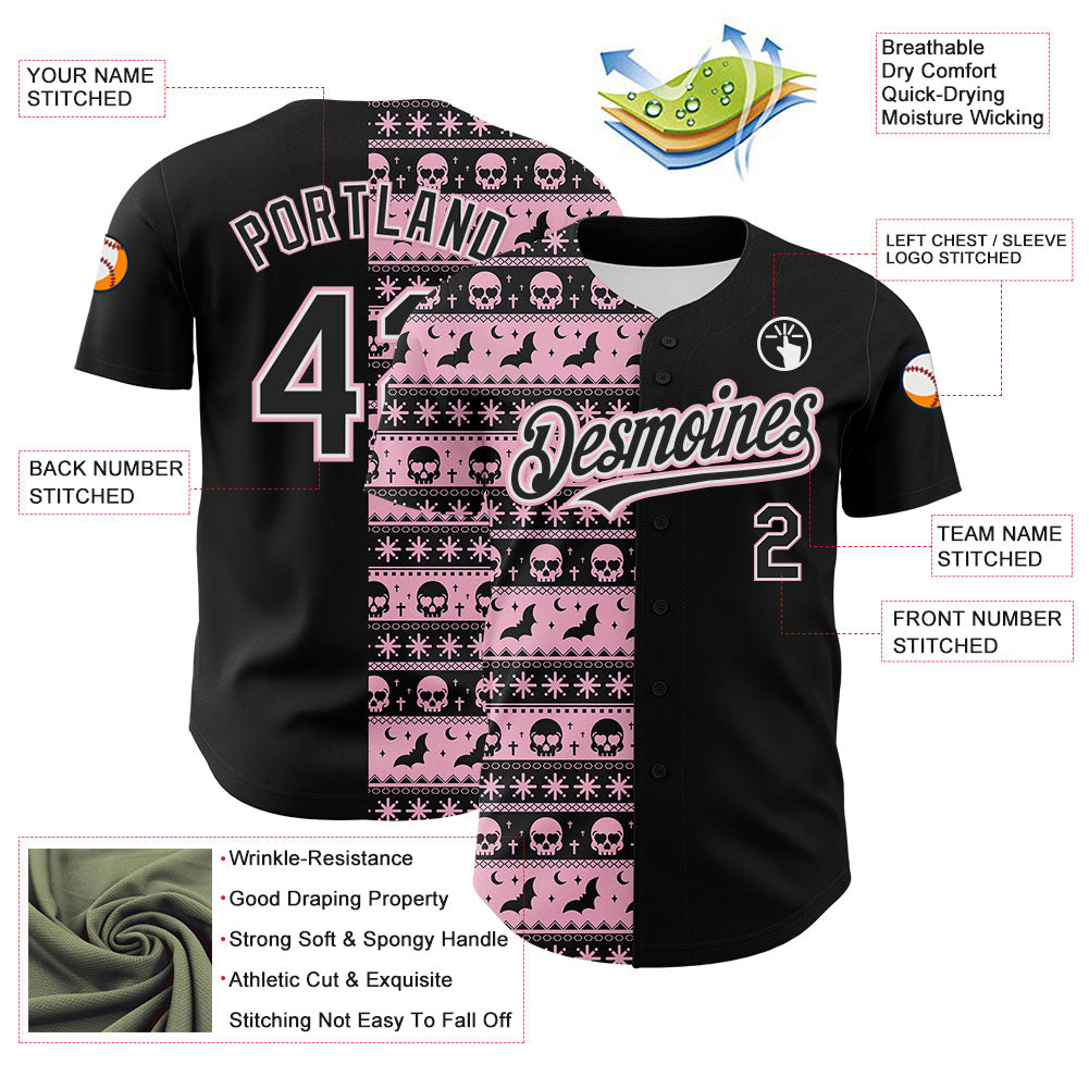 Custom Black Light Pink-White 3D Gothic Skull Authentic Baseball Jersey baseball jersey product view 3