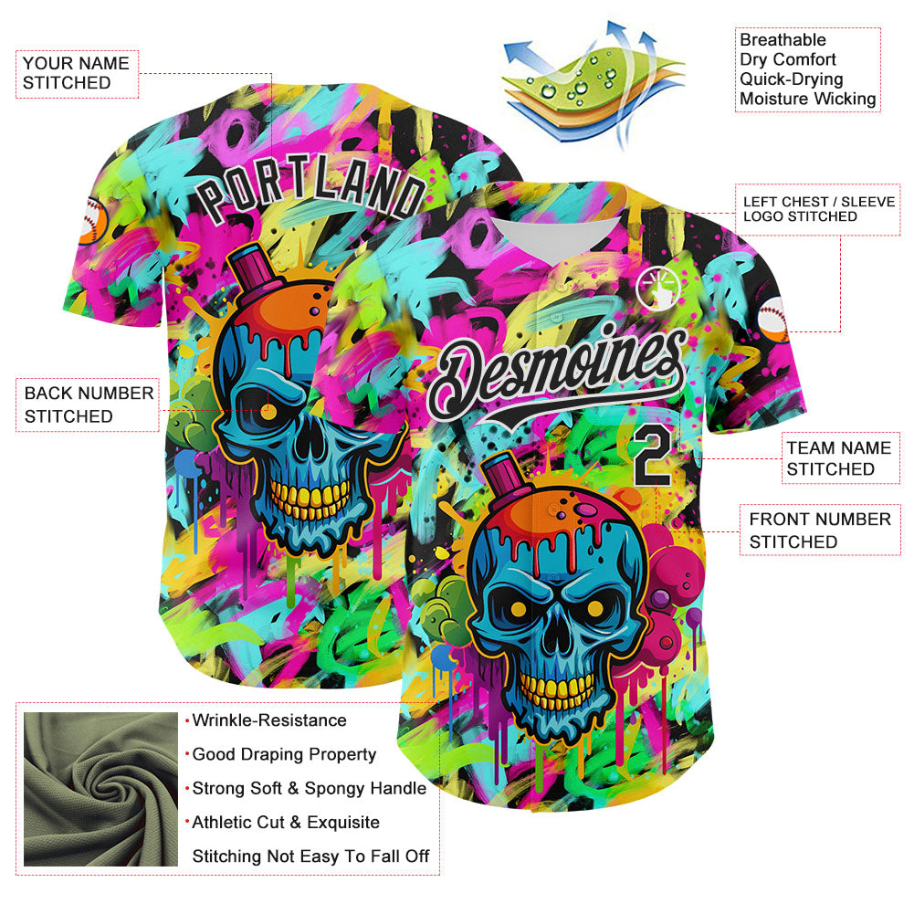 Custom Black White 3D Graffiti Skull Authentic Baseball Jersey baseball jersey product view 3