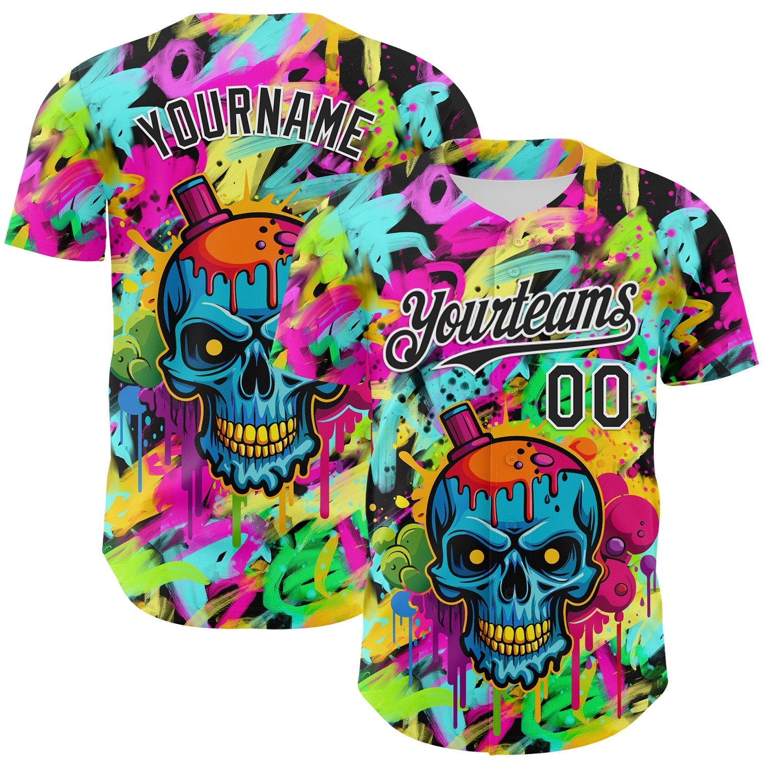 Custom Black White 3D Graffiti Skull Authentic Baseball Jersey baseball jersey product view 1