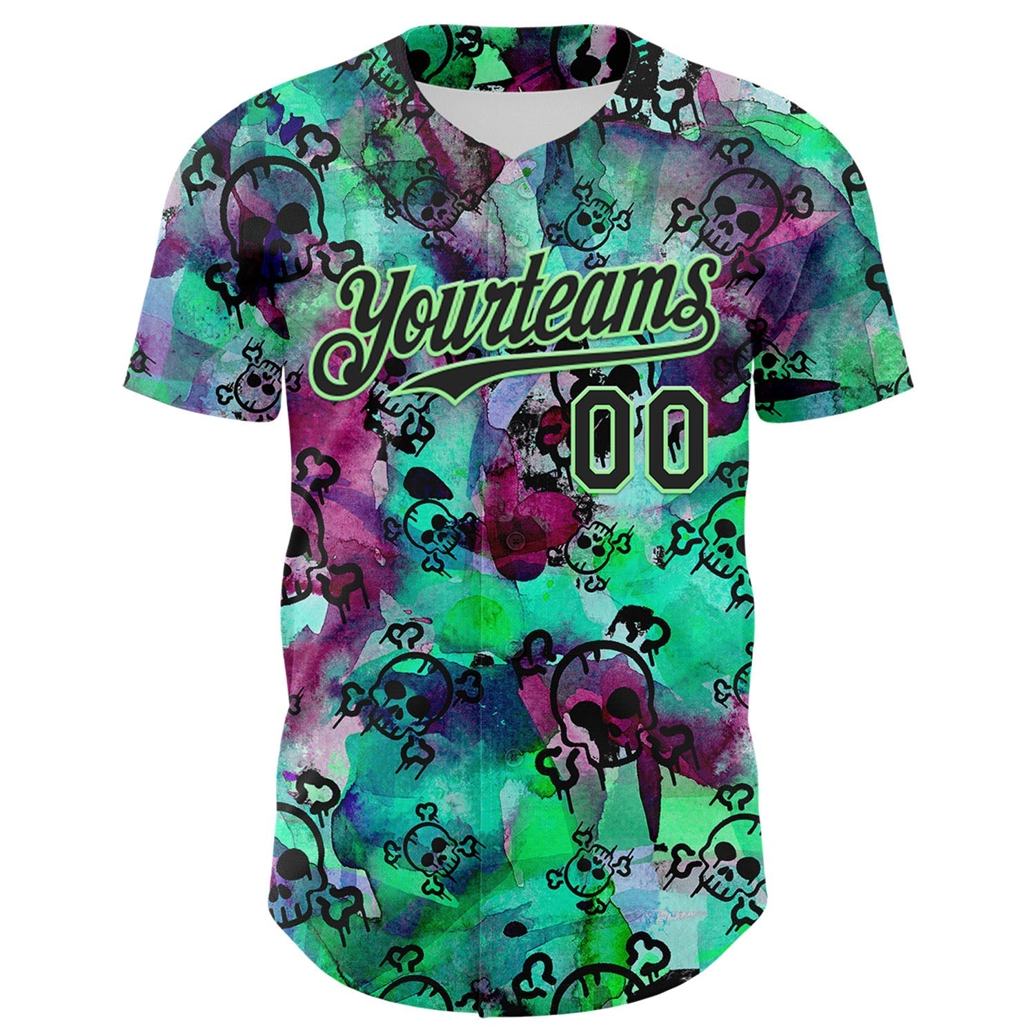 Custom Pea Green Black 3D Graffiti Skull Authentic Baseball Jersey baseball jersey product view 2