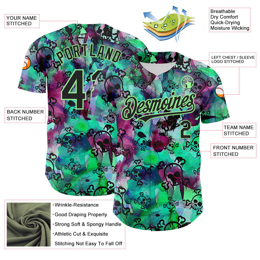 Custom Pea Green Black 3D Graffiti Skull Authentic Baseball Jersey baseball jersey product view 3