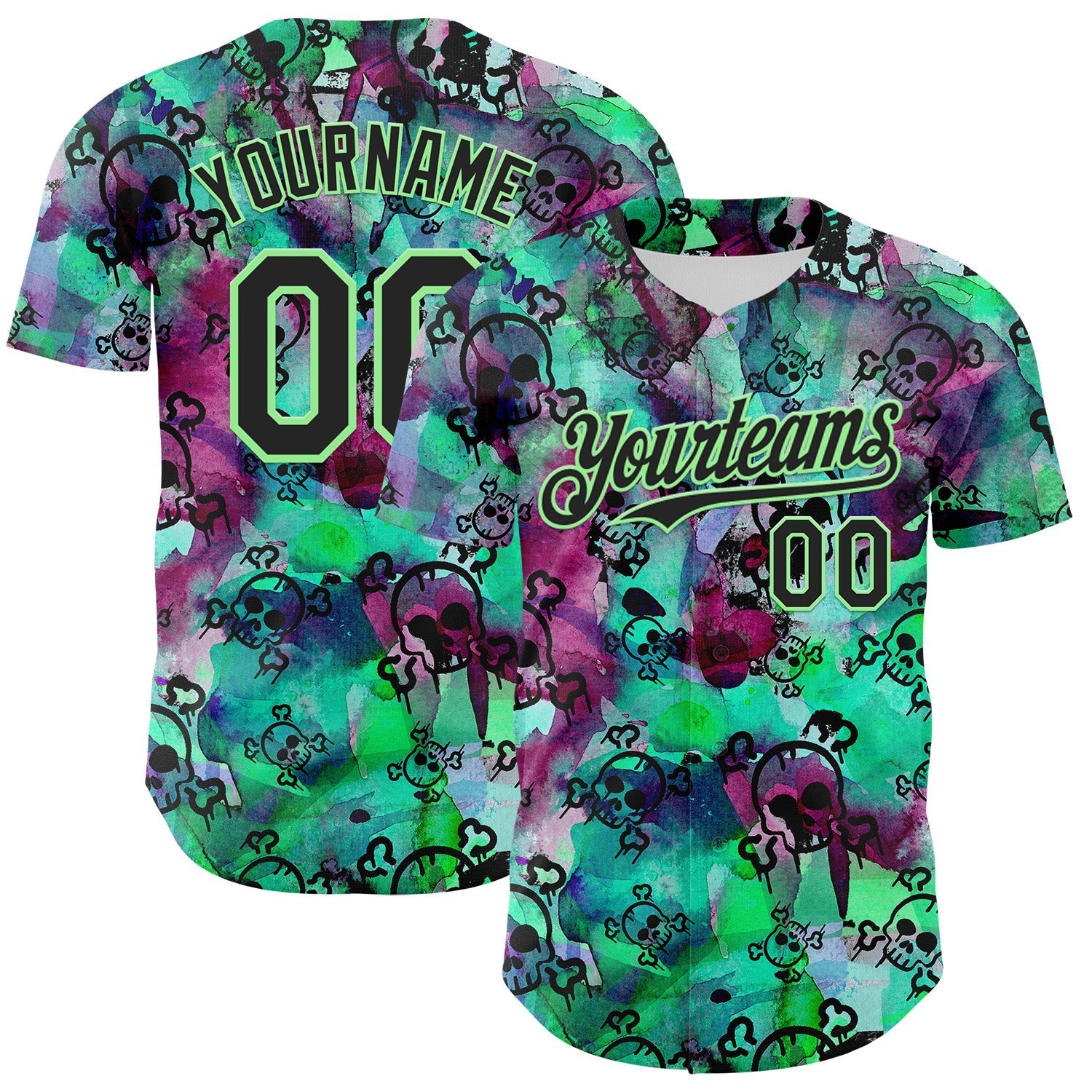 Custom Pea Green Black 3D Graffiti Skull Authentic Baseball Jersey baseball jersey product view 1