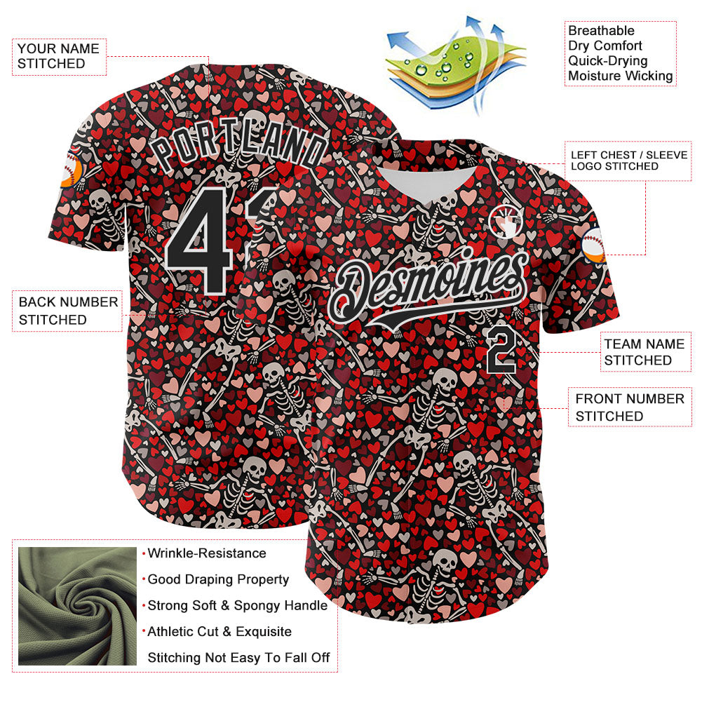 Custom Black White 3D Skeleton And Heart Authentic Baseball Jersey baseball jersey product view 3