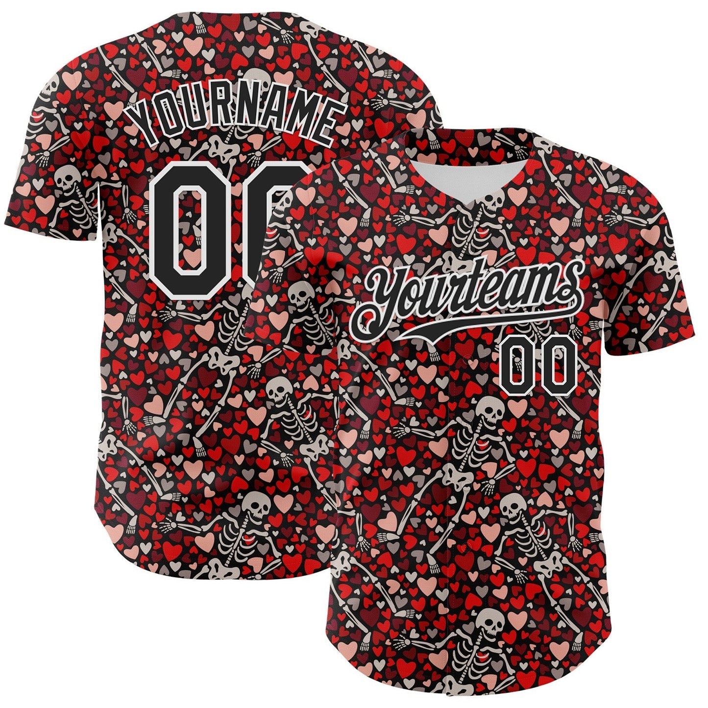 Custom Black White 3D Skeleton And Heart Authentic Baseball Jersey baseball jersey product view 1