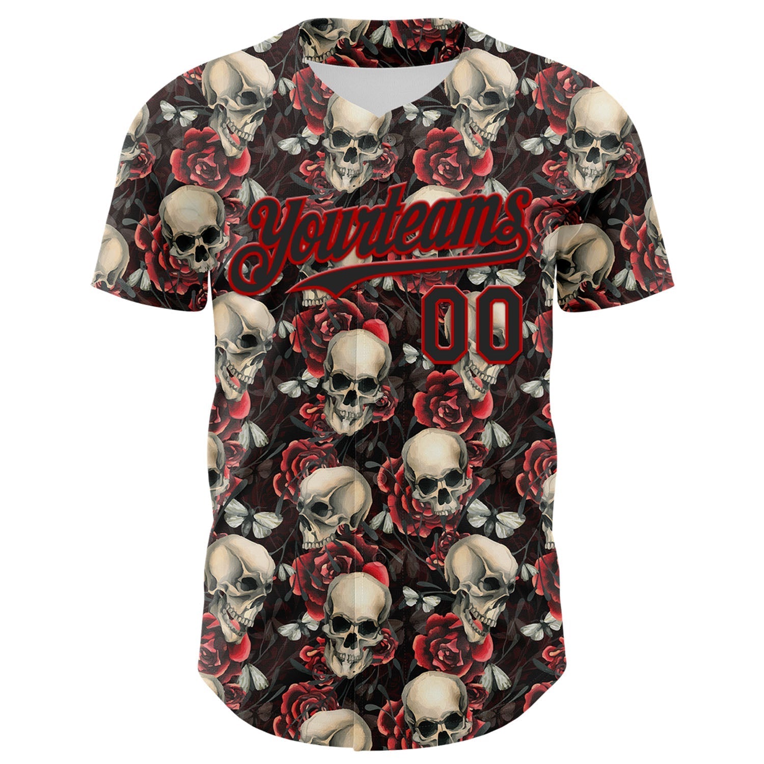 Custom Black Red 3D Skeleton And Flower Authentic Baseball Jersey baseball jersey product view 2