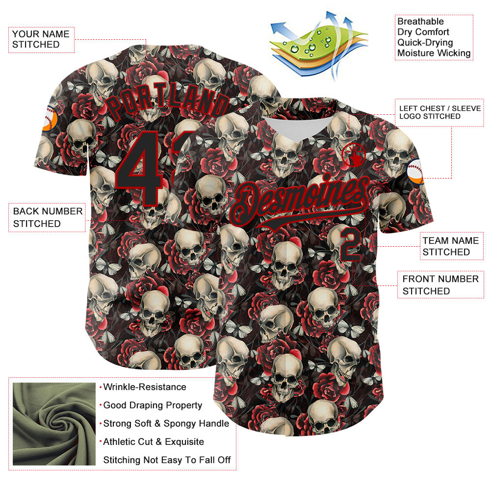 Custom Black Red 3D Skeleton And Flower Authentic Baseball Jersey baseball jersey product view 3