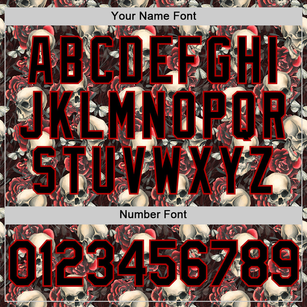 Custom Black Red 3D Skeleton And Flower Authentic Baseball Jersey baseball jersey product view 5