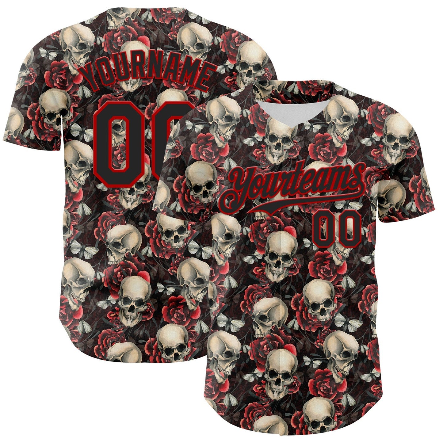 Custom Black Red 3D Skeleton And Flower Authentic Baseball Jersey baseball jersey product view 1