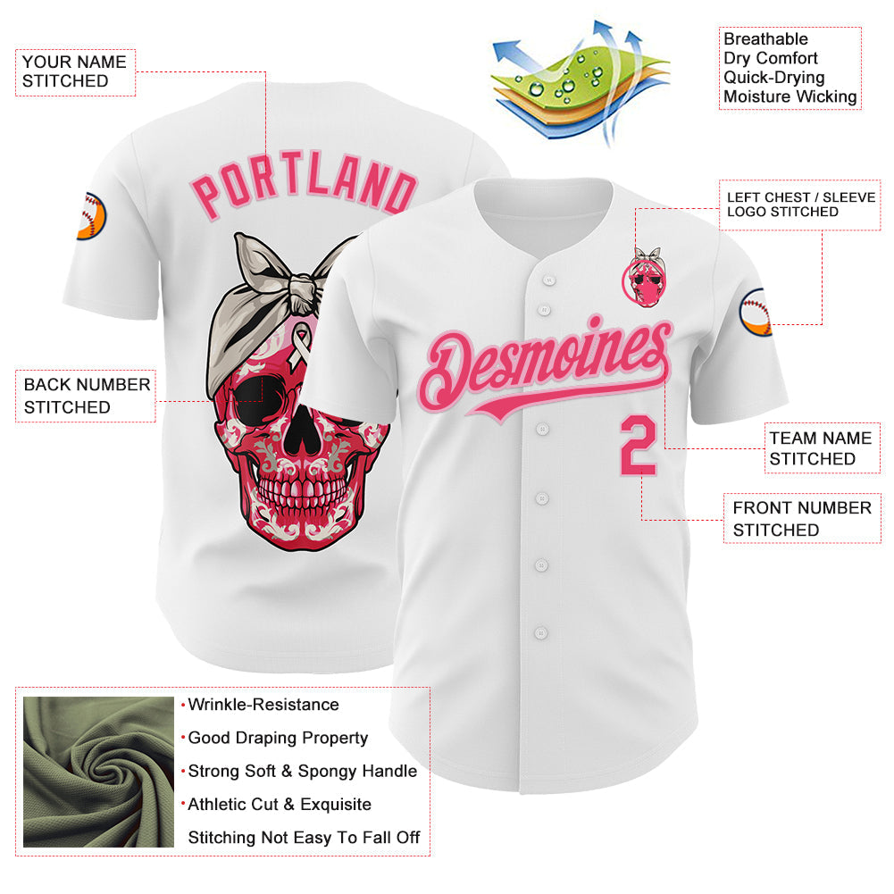 Custom White Neon Pink-Light Pink 3D Pink Ribbon Skull Authentic Baseball Jersey baseball jersey product view 3