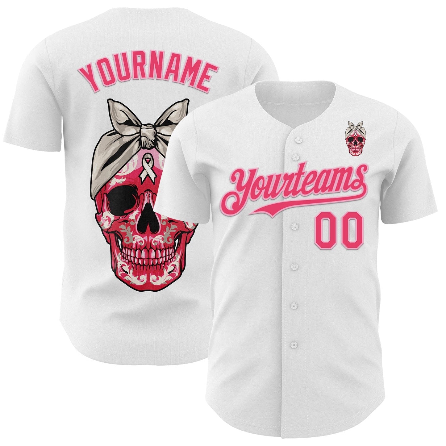Custom White Neon Pink-Light Pink 3D Pink Ribbon Skull Authentic Baseball Jersey baseball jersey product view 1