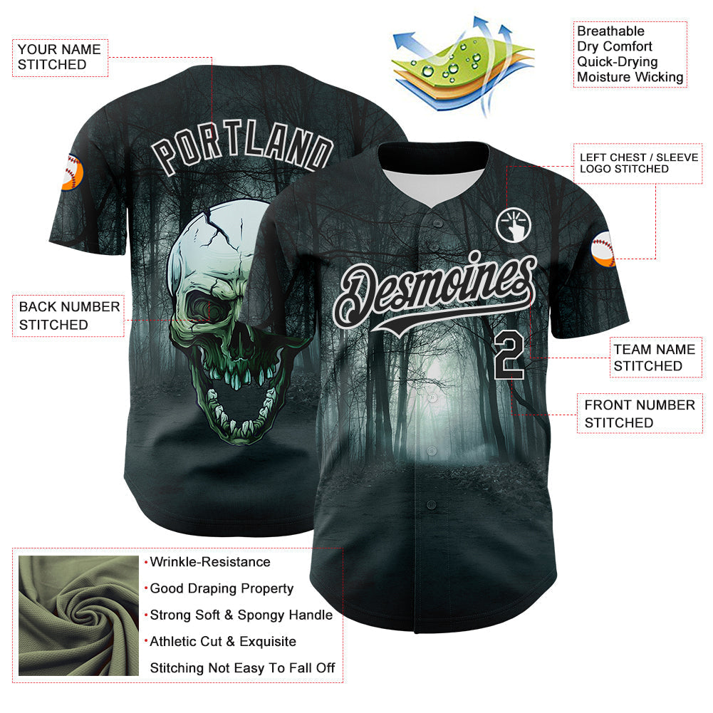 Custom Black White 3D Spooky Skull Authentic Baseball Jersey baseball jersey product view 3