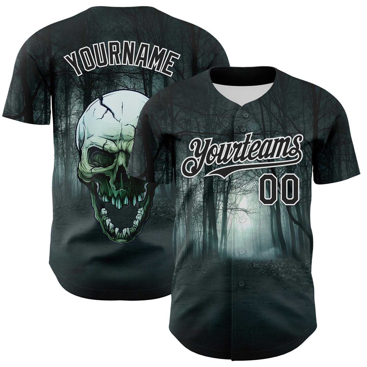 Custom Black White 3D Spooky Skull Authentic Baseball Jersey baseball jersey product view 1