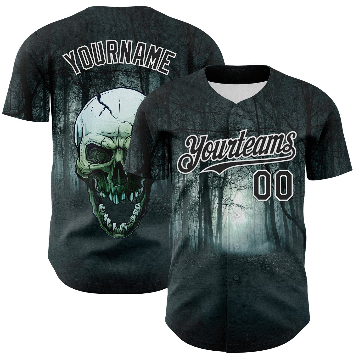 Custom Black White 3D Spooky Skull Authentic Baseball Jersey baseball jersey product view 1