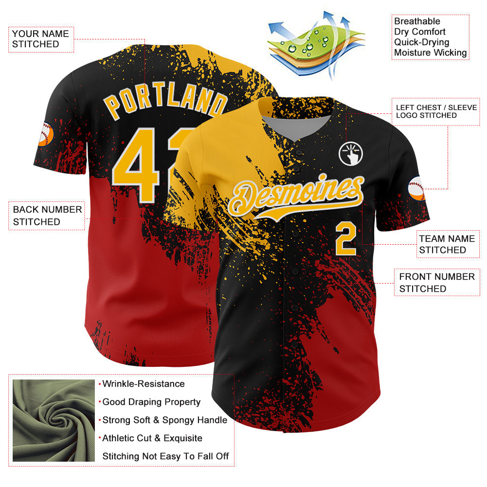 Custom Gold Black-Red 3D Pattern Design Abstract Brush Stroke Authentic Baseball Jersey baseball jersey product view 3