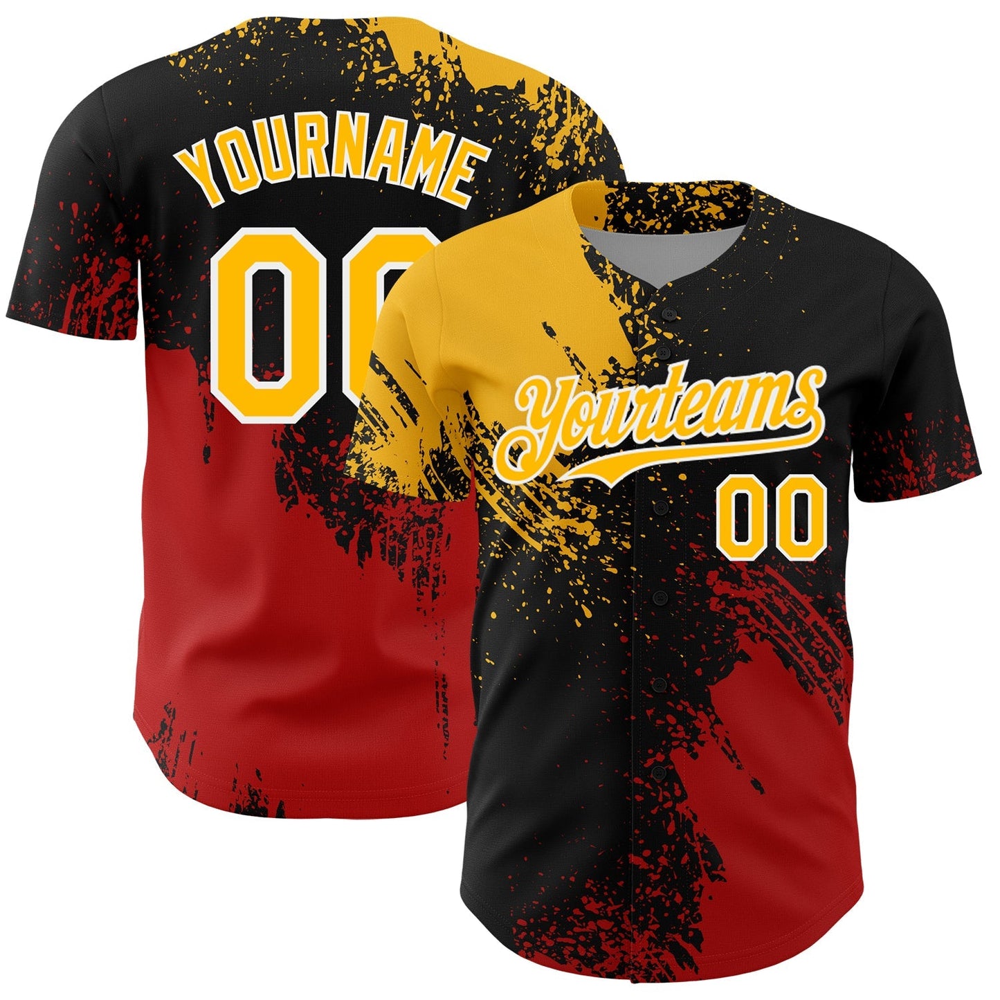 Custom Gold Black-Red 3D Pattern Design Abstract Brush Stroke Authentic Baseball Jersey baseball jersey product view 1