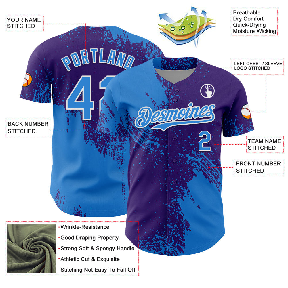Custom Electric Blue Purple-White 3D Pattern Design Abstract Brush Stroke Authentic Baseball Jersey baseball jersey product view 3