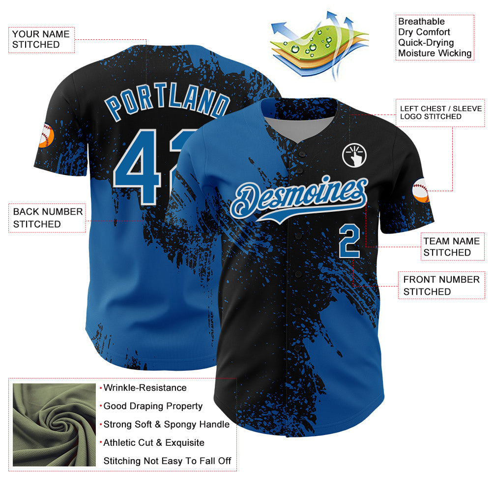 Custom Blue Black-White 3D Pattern Design Abstract Brush Stroke Authentic Baseball Jersey baseball jersey product view 3