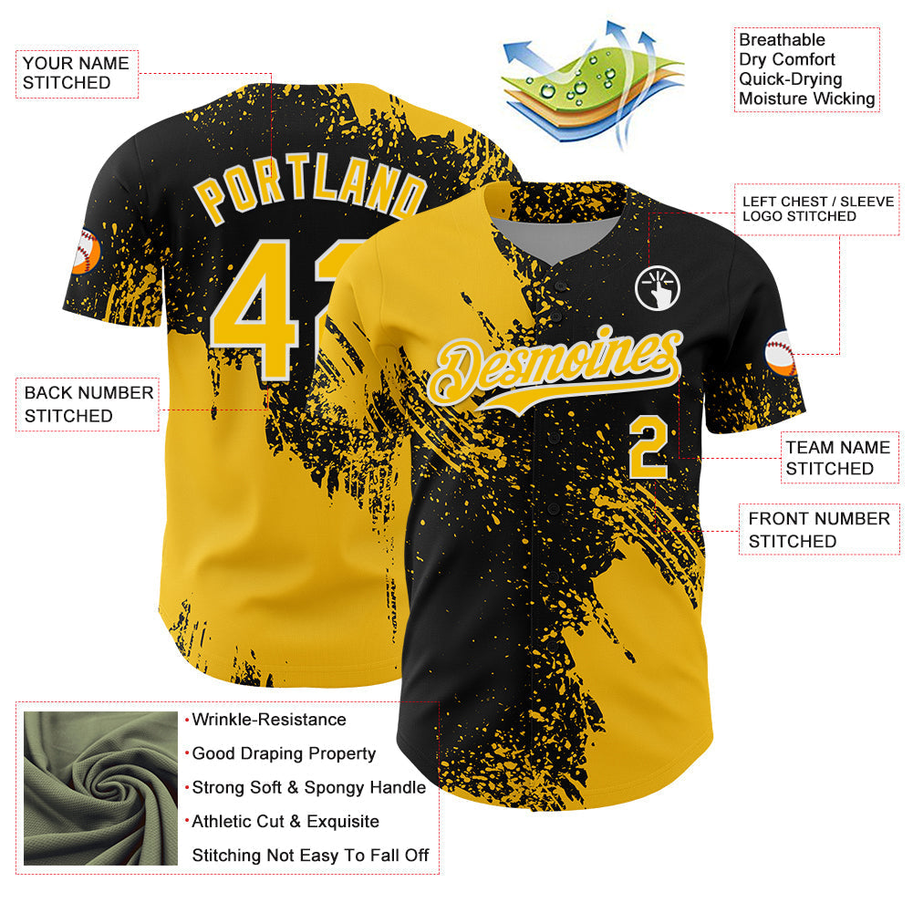 Custom Yellow Black-White 3D Pattern Design Abstract Brush Stroke Authentic Baseball Jersey baseball jersey product view 3