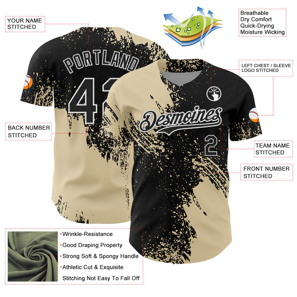Custom Cream Black-White 3D Pattern Design Abstract Brush Stroke Authentic Baseball Jersey baseball jersey product view 3