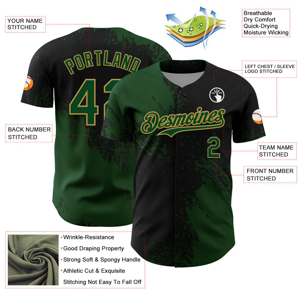 Custom Green Black-Old Gold 3D Pattern Design Abstract Brush Stroke Authentic Baseball Jersey baseball jersey product view 3