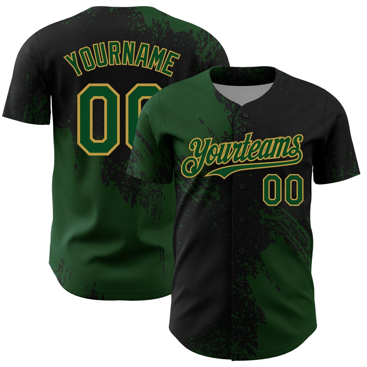 Custom Green Black-Old Gold 3D Pattern Design Abstract Brush Stroke Authentic Baseball Jersey baseball jersey product view 1