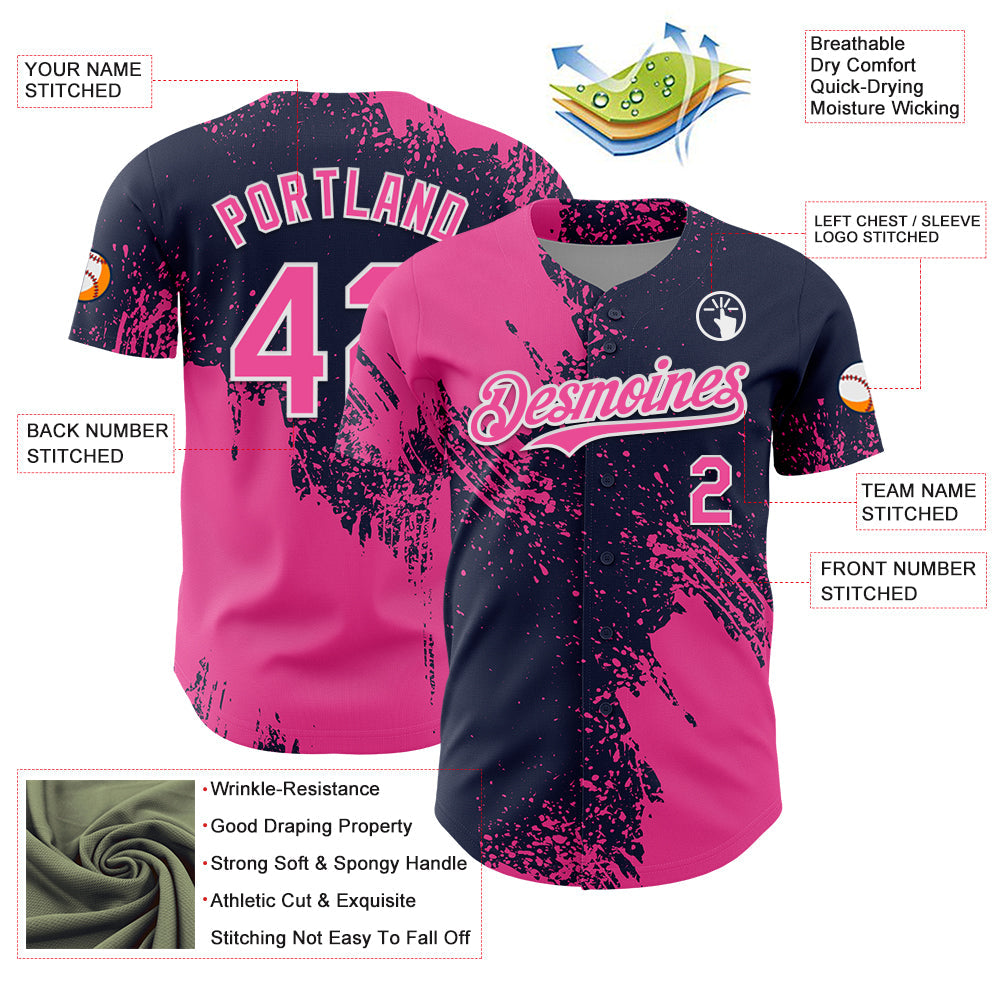 Custom Pink Navy-White 3D Pattern Design Abstract Brush Stroke Authentic Baseball Jersey baseball jersey product view 3