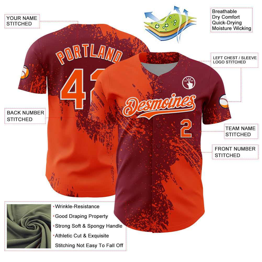 Custom Orange Crimson-White 3D Pattern Design Abstract Brush Stroke Authentic Baseball Jersey baseball jersey product view 3
