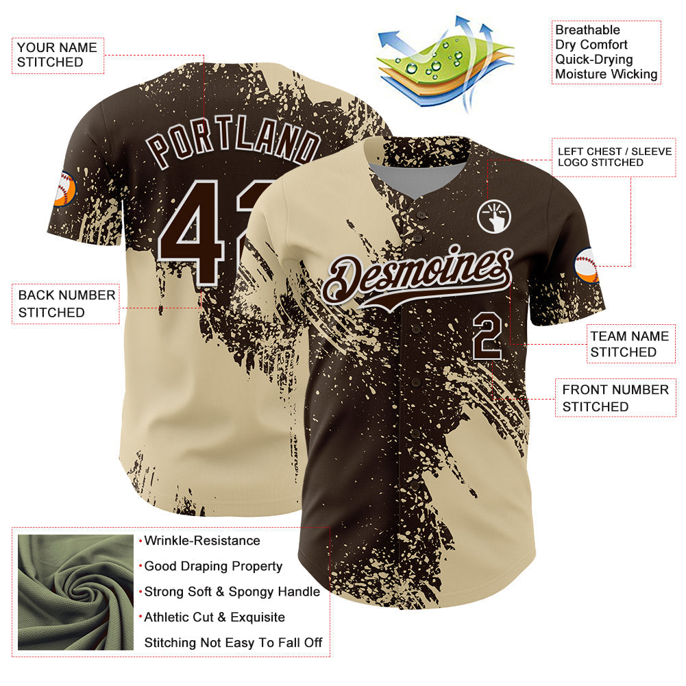 Custom Cream Brown-White 3D Pattern Design Abstract Brush Stroke Authentic Baseball Jersey baseball jersey product view 3