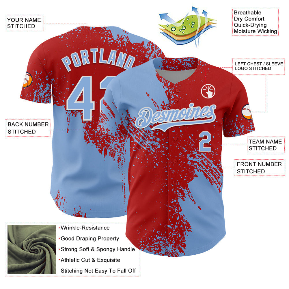 Custom Light Blue Red-White 3D Pattern Design Abstract Brush Stroke Authentic Baseball Jersey baseball jersey product view 3