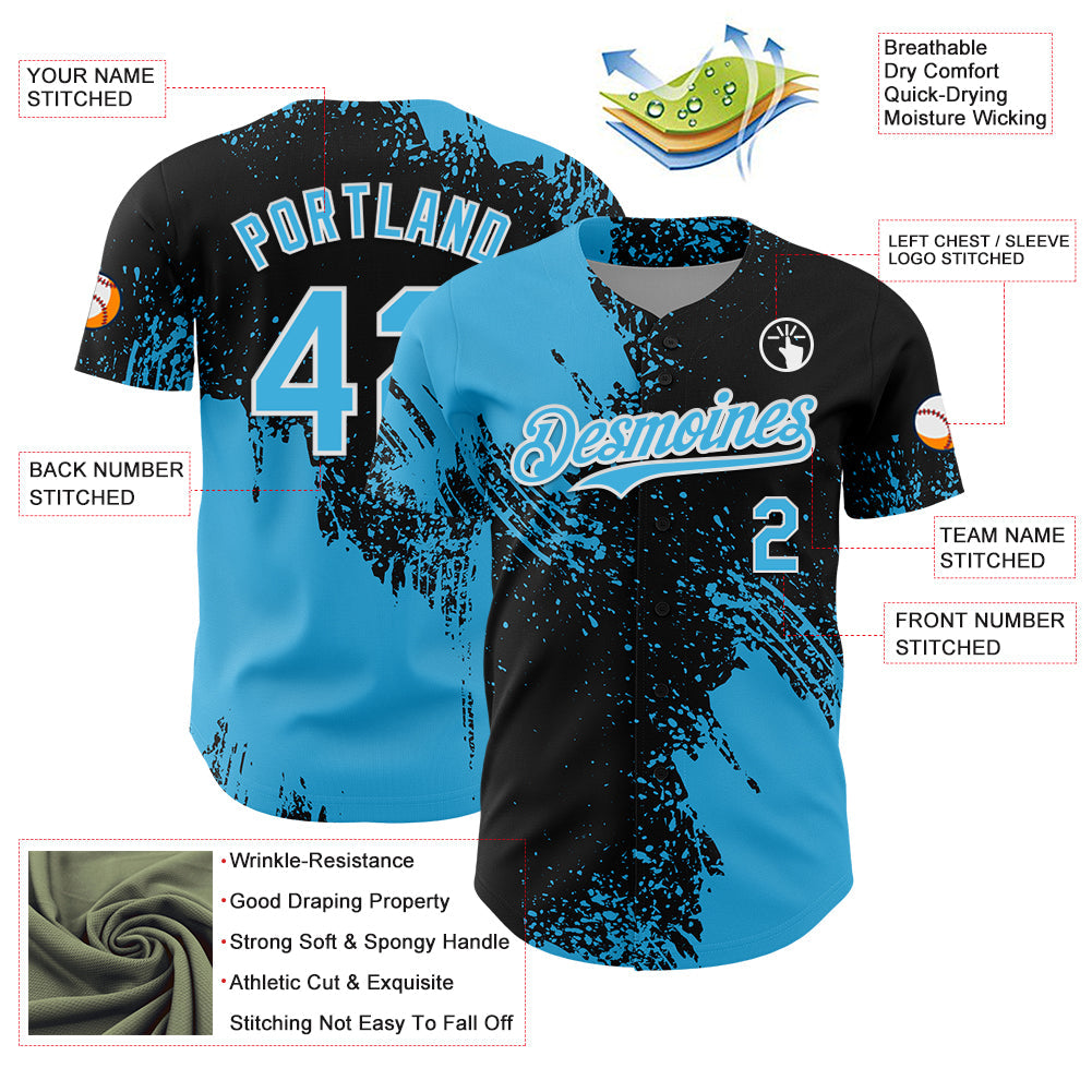 Custom Sky Blue Black-White 3D Pattern Design Abstract Brush Stroke Authentic Baseball Jersey baseball jersey product view 3