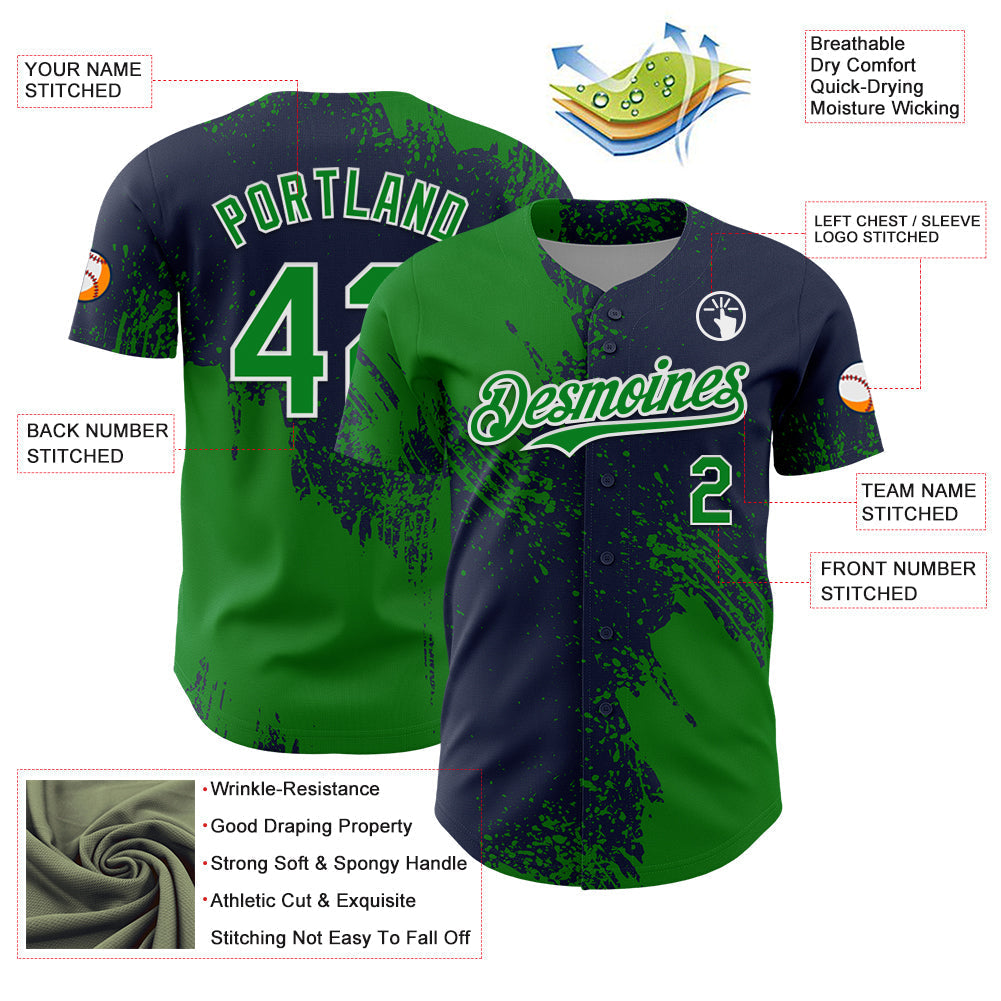 Custom Grass Green Navy-White 3D Pattern Design Abstract Brush Stroke Authentic Baseball Jersey baseball jersey product view 3
