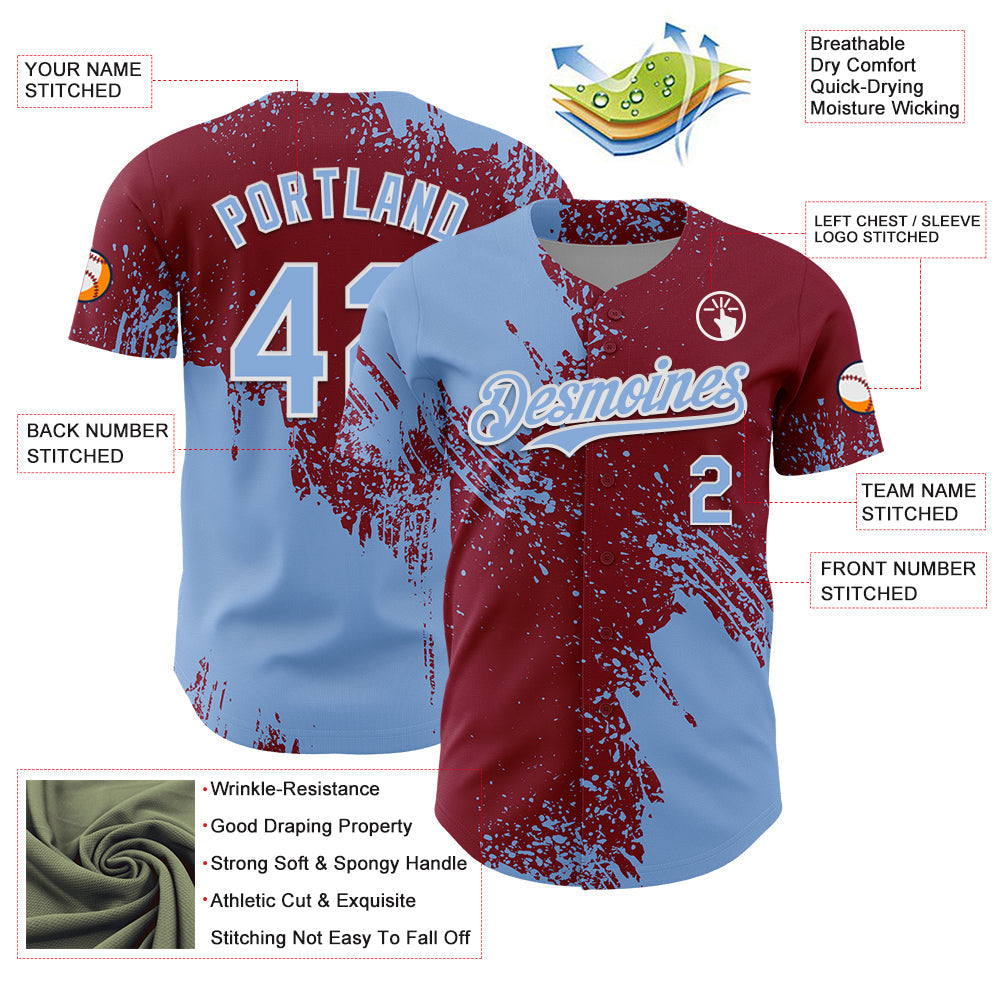 Custom Light Blue Crimson-White 3D Pattern Design Abstract Brush Stroke Authentic Baseball Jersey baseball jersey product view 3