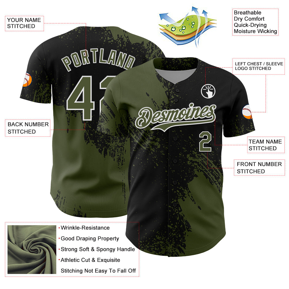 Custom Olive Black-White 3D Pattern Design Abstract Brush Stroke Authentic Baseball Jersey baseball jersey product view 3