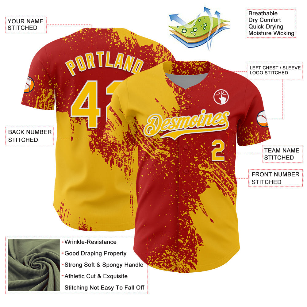 Custom Yellow Red-White 3D Pattern Design Abstract Brush Stroke Authentic Baseball Jersey baseball jersey product view 3