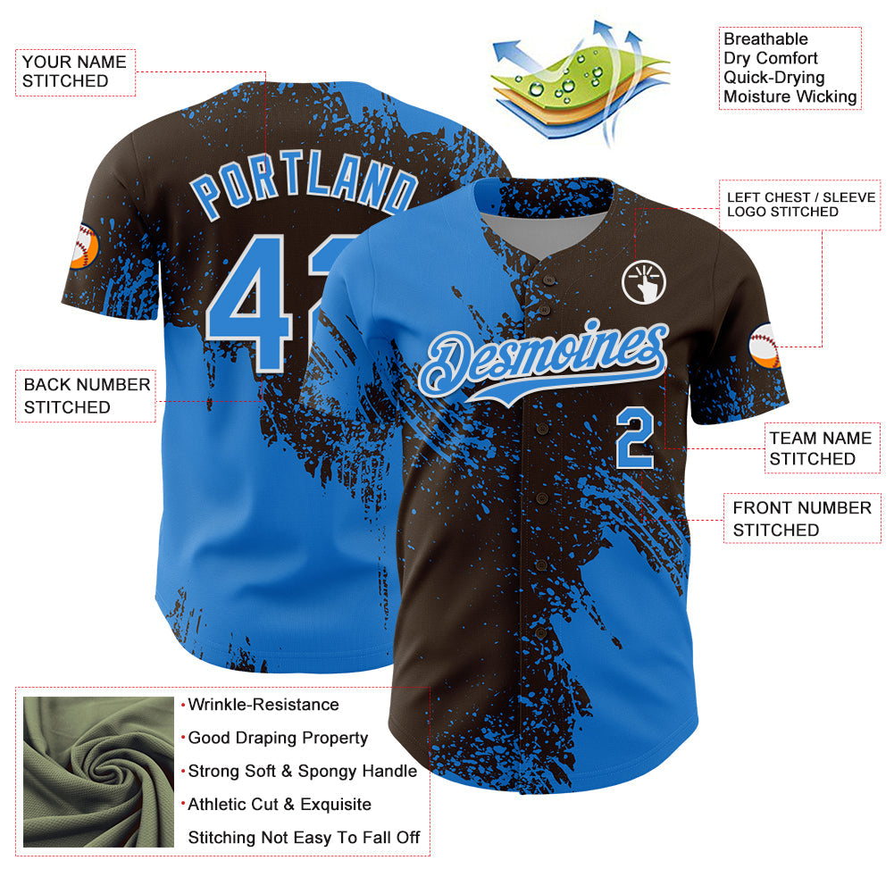 Custom Electric Blue Brown-White 3D Pattern Design Abstract Brush Stroke Authentic Baseball Jersey baseball jersey product view 3