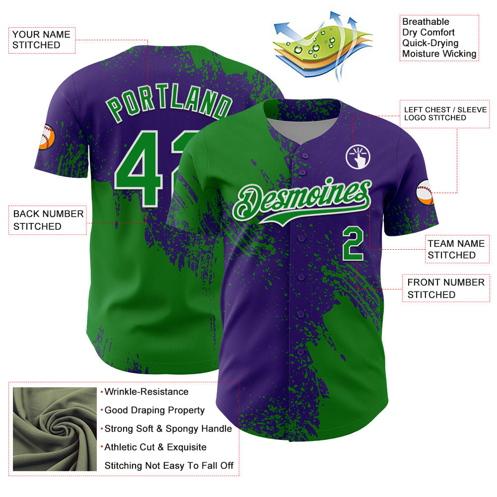 Custom Grass Green Purple-White 3D Pattern Design Abstract Brush Stroke Authentic Baseball Jersey baseball jersey product view 3
