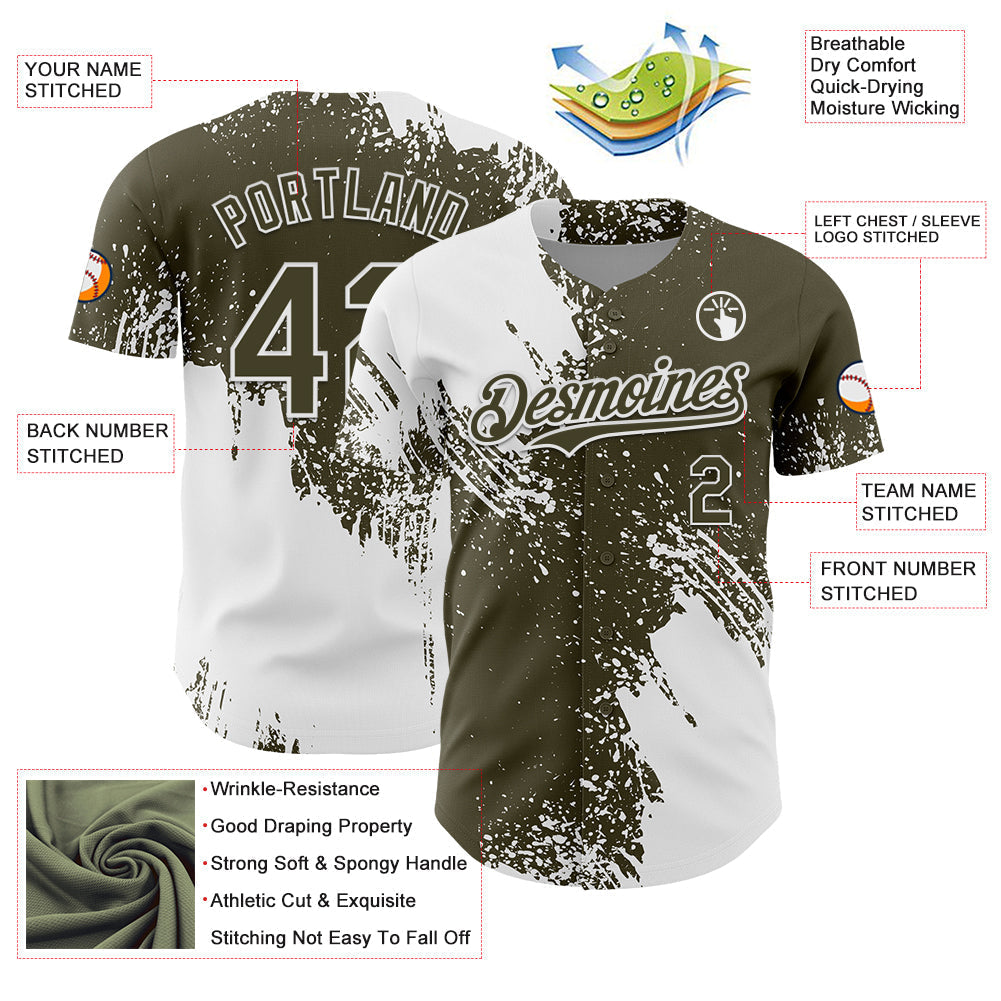 Custom White Olive 3D Pattern Design Abstract Brush Stroke Authentic Baseball Jersey baseball jersey product view 3