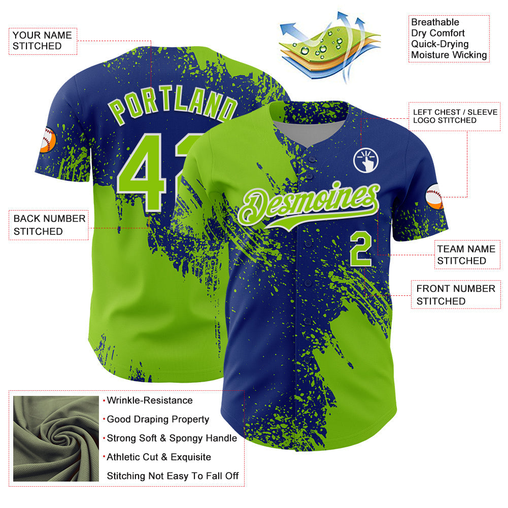 Custom Neon Green Royal-White 3D Pattern Design Abstract Brush Stroke Authentic Baseball Jersey baseball jersey product view 3