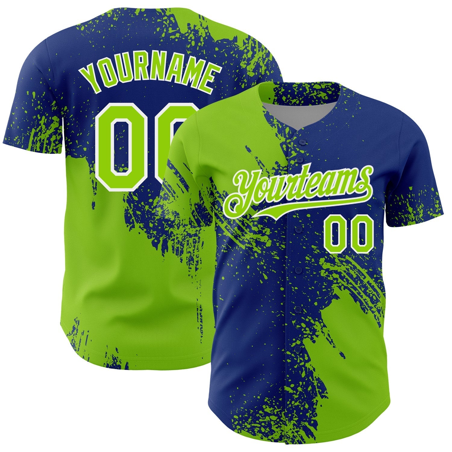 Custom Neon Green Royal-White 3D Pattern Design Abstract Brush Stroke Authentic Baseball Jersey baseball jersey product view 1